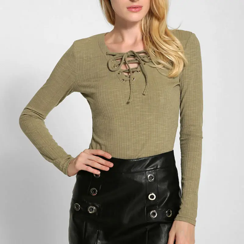 Lace up knitted sweater sexy v-neck long sleeve pullovers ladies casual hollow out sweaters WN181 | Женская одежда
