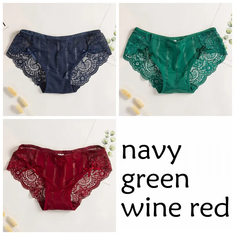 navy green wine-red SP& CITY, 3 шт., однотонный кружевной сексуальный комплект нижнего белья с вышивкой, женские бесшовные трусики с бантом, прозрачные трусы, женское нижнее белье, стринги - Цвет: navy green wine-red