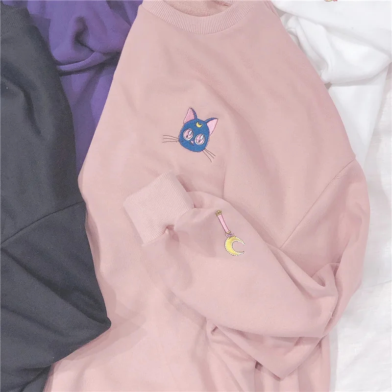 Woherb весна лето Harajuku Kawaii тонкая Толстовка для женщин Сейлор Мун вышивка Косплей топы с длинными рукавами Толстовка 21262