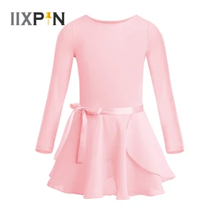 Балетное платье-пачка для девочек, хлопковое трико с длинными рукавами для гимнастики, балетная шифоновая юбка с завязками, профессиональная балетная пачка