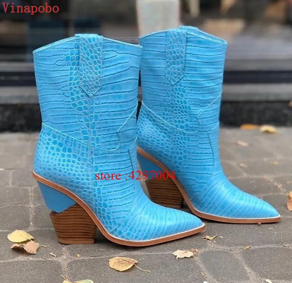 Fashion Cowboy Ankle Boots Women Shoes Pu Leather Wedge Chunky High Heel Boots Snake Print Western Cowgirl Boots Black PINK