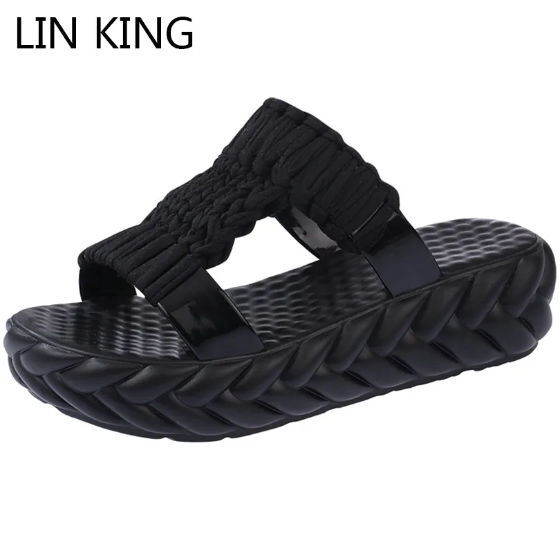 Женские вязаные шлепанцы на толстой подошве LIN KING удобные нескользящие платформе