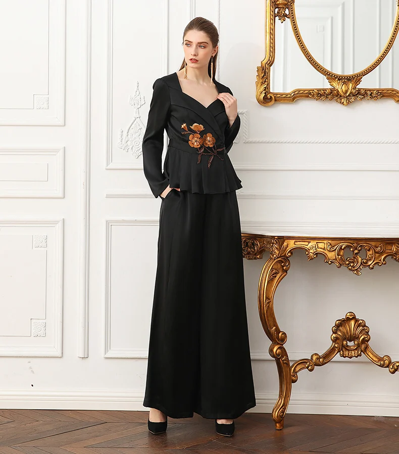VOA плюс Размеры свободные тяжелый шелк Pantskirt Офисные женские туфли основной черный широкие штаны Для женщин середины талии Повседневное брюк K378