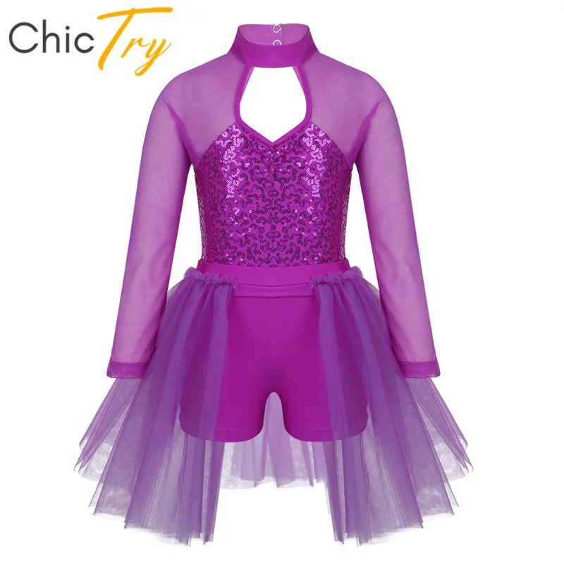 

ChicTry Kids Teens Sequins Stage Performance Lyrical Dance Costumes Children Girls Figure Skating Ballet Tutu Leotard Mesh Dress