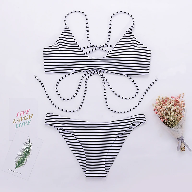 2019 New Women Push Up Bikini Striped Print Swimwear Swim Bathing Suits Female Bandage Swimsuit Biquini Beachwear |