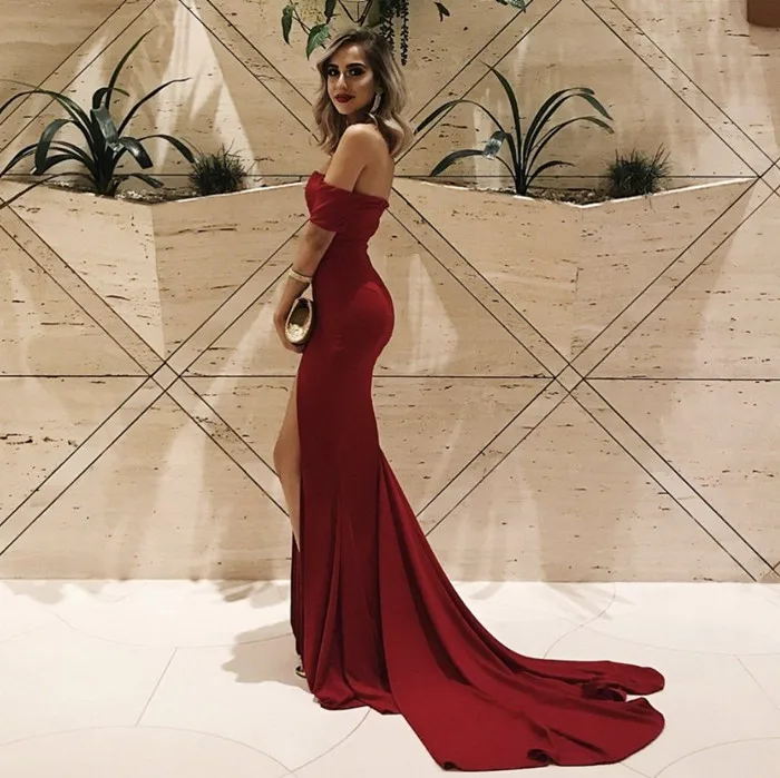 Женское атласное вечернее платье с разрезом и открытыми плечами Robe De Soiree 2018 |