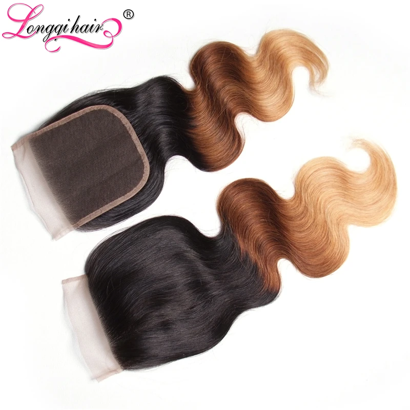 Longqi hair эффектом деграде(переход от темного к бразильские волнистые волосы Часть Кружева Закрытие 4x4 T1B/4/27 3 оттенка, переходящие плавно от темного к светлому) Цвет 14 16 18 дюймов Волосы remy