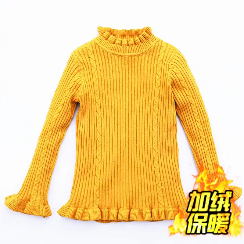 Add wool Yellow Свитер для девочек; сплошной цвет оборки; свитера с рукавами; Осенняя Модная трикотажная одежда для девочек; зимние топы для маленьких девочек; теплая одежда - Цвет: Add wool Yellow