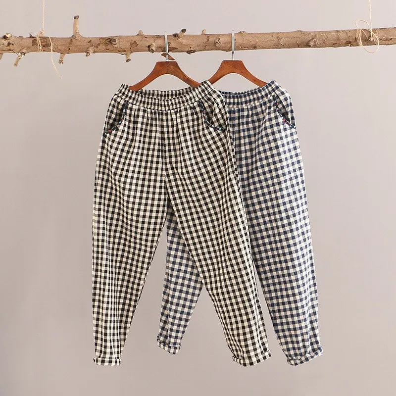 Женские хлопковые шаровары с эластичной талией повседневные винтажные высоким