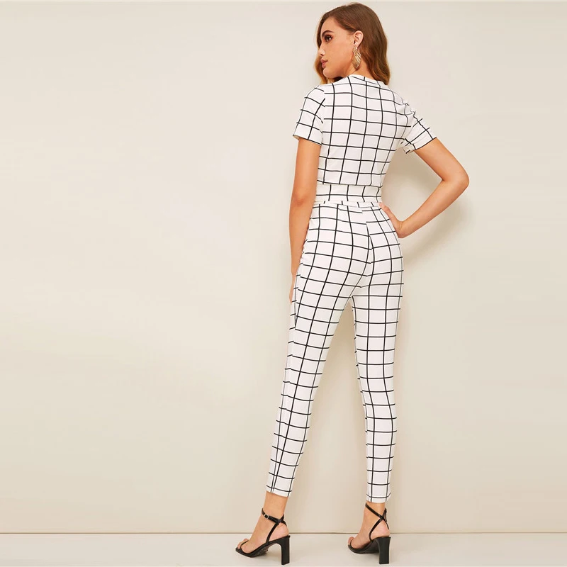 SHEIN Топ В Клетку И Приталенные Брюки Комплект Женский Летний Элегантный Топ С Короткими Рукавами И Брюки Комплект