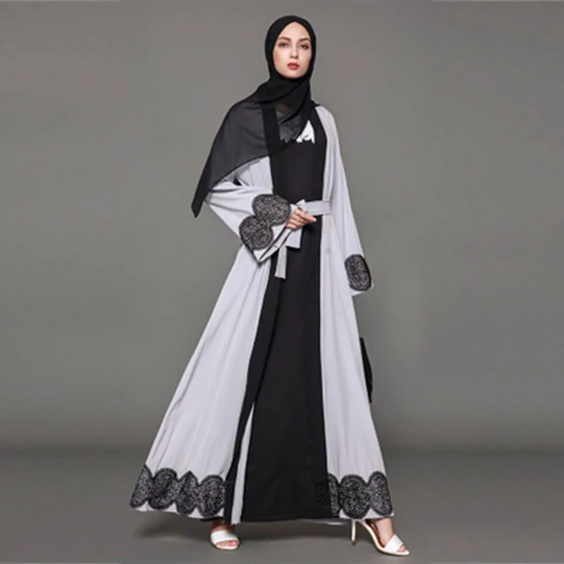 Платье кимоно для женщин мода размера плюс Черное кружево Abaya белый кардиган