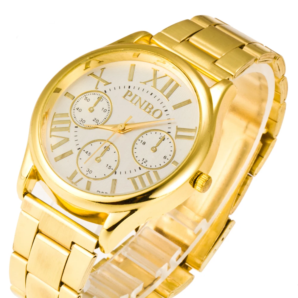 Высококачественные золотые Круглые Наручные часы Ложные три глаза в римском