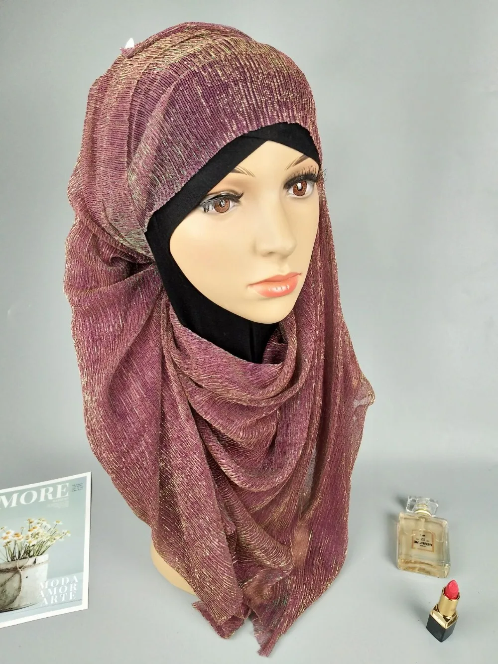 D1 glitter scarves plain shimmer elastic long headband fashion scarf hijab wraps muslim shawls
