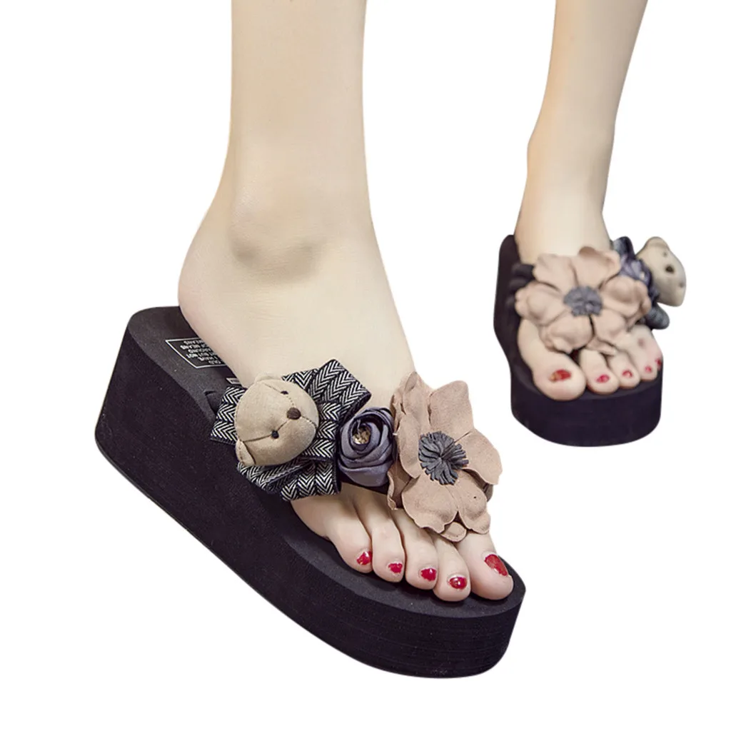 Женские тапочки Домашние вьетнамки на танкетке с цветочным рисунком для девочек