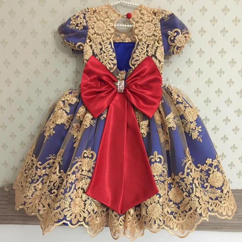 Милое платье с цветочным узором для девочек золотой аппликацией Королевского