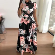 Женское летнее платье повседневное с коротким рукавом длинное платье Boho Цветочный Принт макси платье с закрытым воротом Элегантные платья Vestido