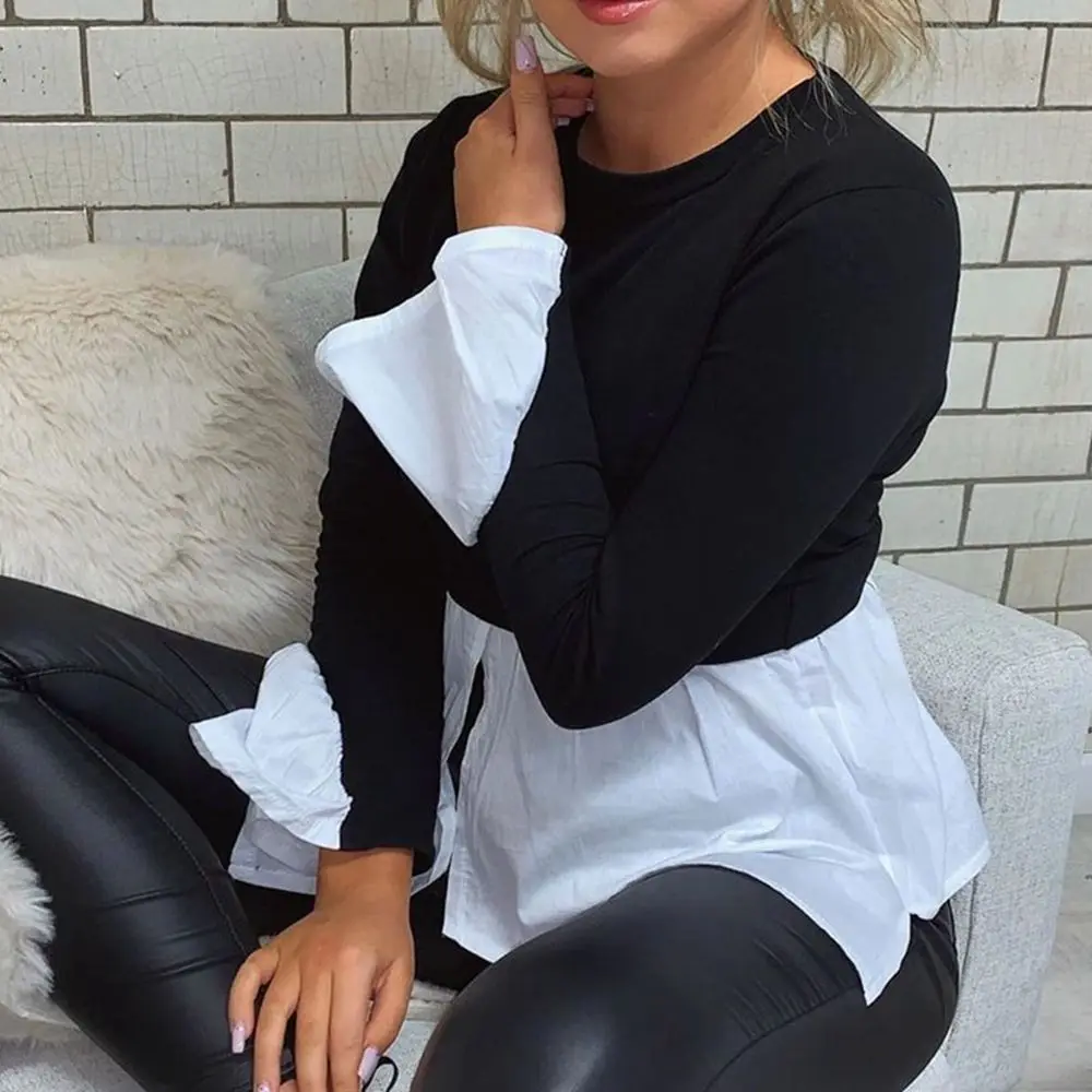 Женская футболка с длинными рукавами хлопковая Футболка составного кроя