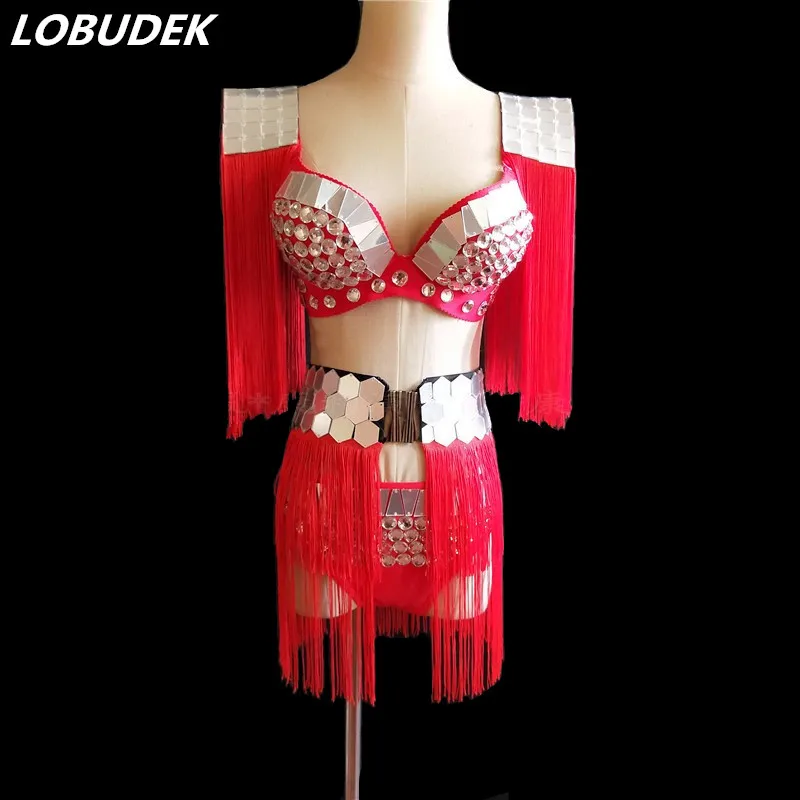 

Female Sparkly Mirrors Bra Red Tassels Belt Shorts 3 piece Sets Crystals Bikini Nightclub Clothes Sexy DJ Singer Stage Costume