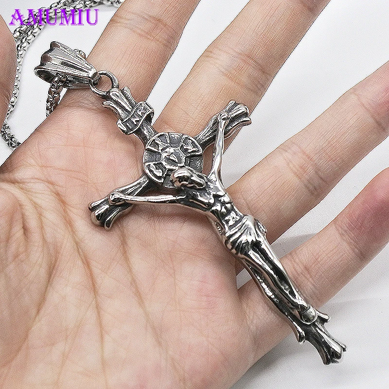 AMUMIU мужские нержавеющая сталь серебро кубинский большой Крестик с распятием