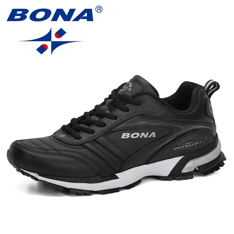 BLACK SLIVER GREY BONA Новое поступление мужские беговые кроссовки уличные мужские кроссовки брендовые кроссовки для мужчин кожаные мужские спортивные удобные туфли - Цвет: BLACK SLIVER GREY