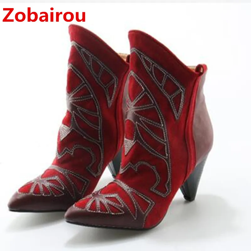 Женские ковбойские ботинки Zobairou красные черные замшевые с вышивкой на высоком