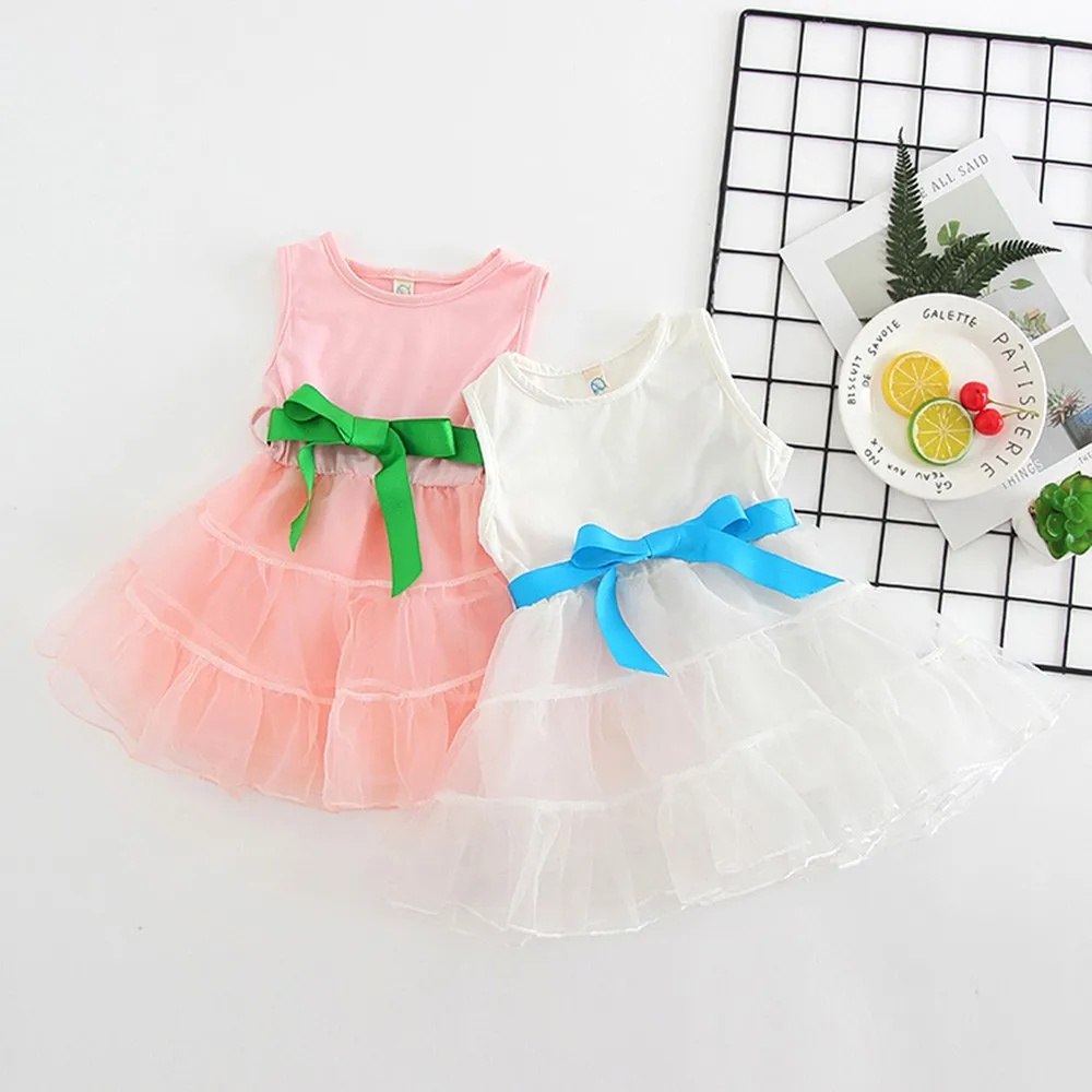 LONSANT Baby Girl Dress Infant Kid Solid Bowknot Yarn Princess Sleeveless lovely Children Girls summer fashion Clothes | Мать и ребенок
