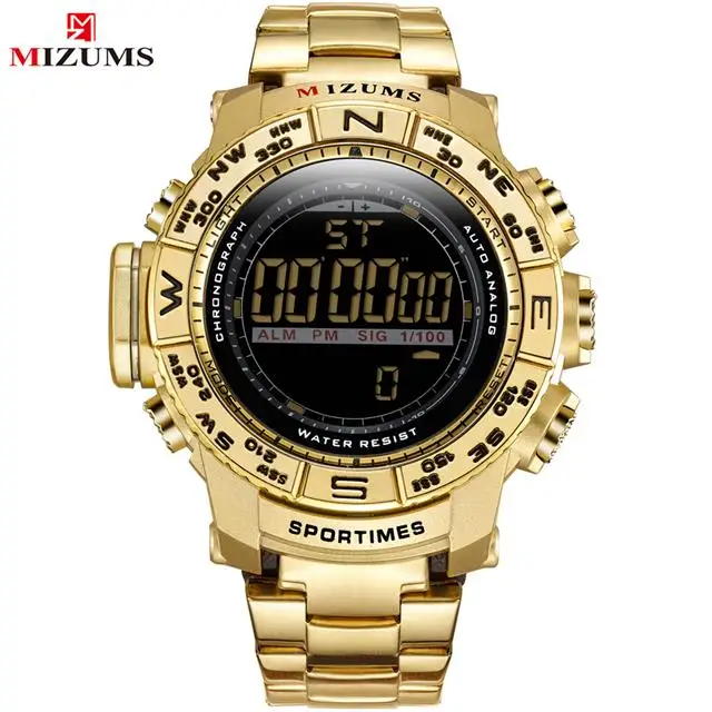 MIZUMS Роскошные Брендовые мужские спортивные часы цифровой светодиодный 30 м водонепроницаемые военные часы мужские модные повседневные электронные наручные часы - Цвет: Gold Black