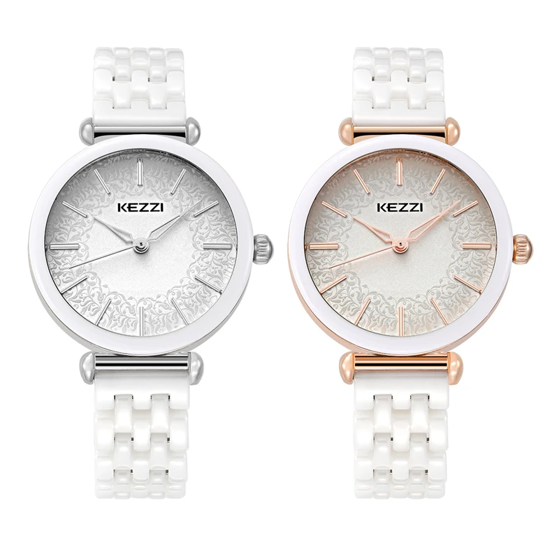 Kezzi Лидирующий бренд женские часы модные со стразами белая керамика Золотая