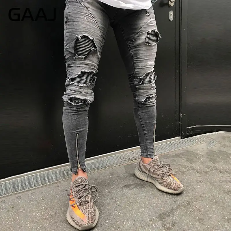 Высокая уличная дыра мужские байкерские джинсы эластичные тонкие хип-хоп