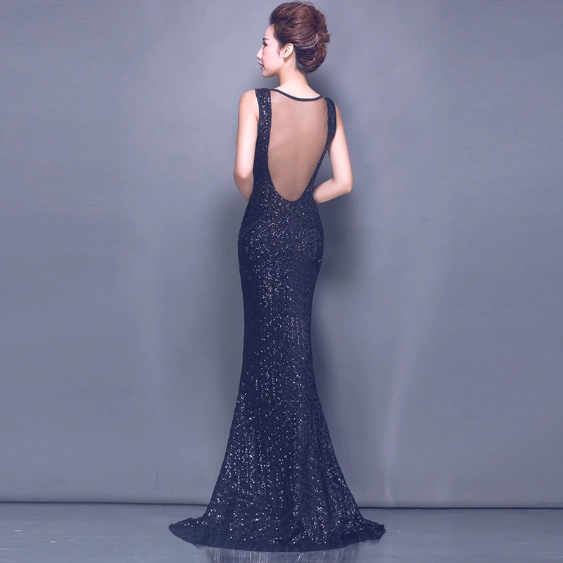 Женское вечернее платье с юбкой годе открытой спиной и V образным вырезом|long evening
