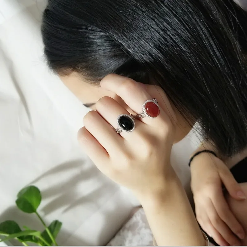 Натуральный Красный/камень черный оникс чистое Настоящее серебро 925 кольца
