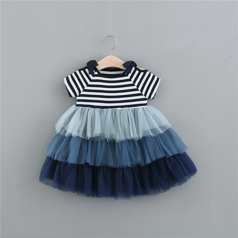 brand cute Girls Dress Baby Girl Clothes Cute Striped Patchwork Net Veil Dress Kids Dresses Princess bow Dress