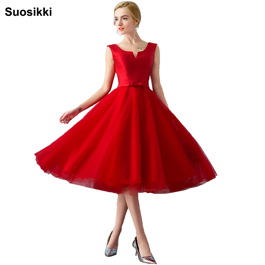 Новое Элегантное Атласное Платье трапеция с бантом красное короткое вечернее