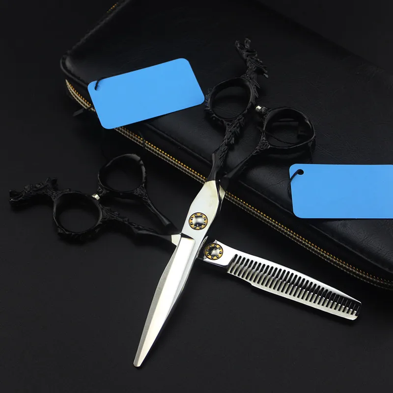 Custom japan 440c 6 inch black Dragon hair cutting scissors barber makas thinning shears haircut scissor hairdressing | Красота и