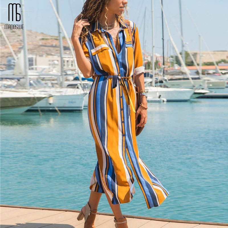 Manoswe повседневное Полосатое длинное платье-рубашка женское модное летнее платье