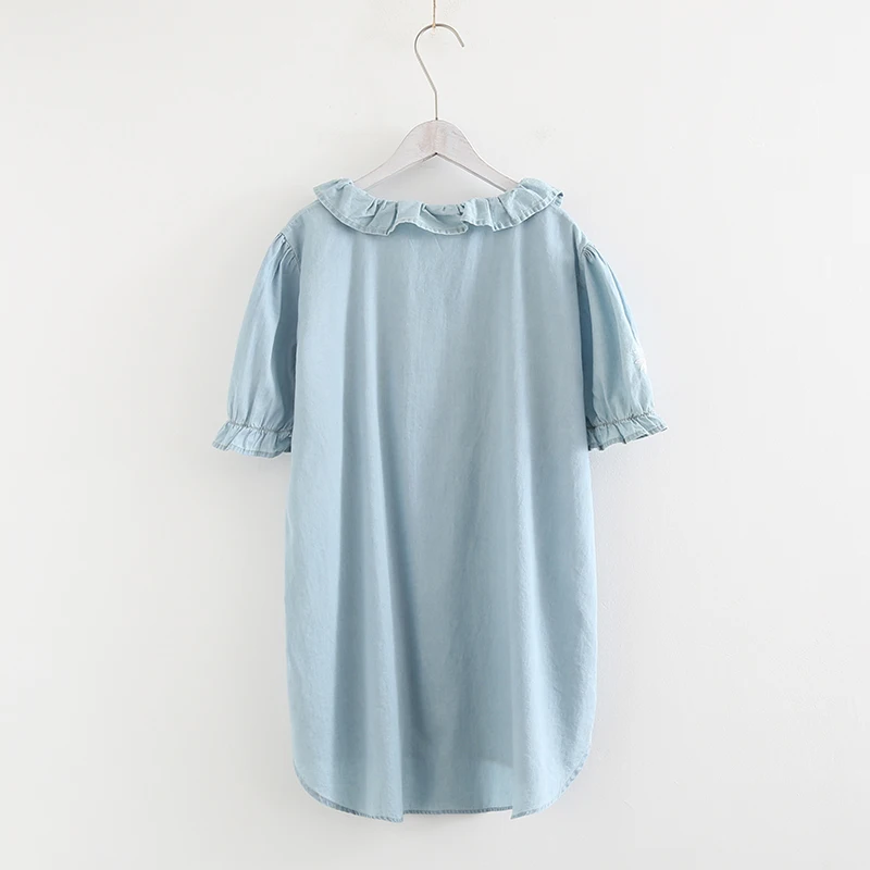 Мультфильм вышивка синий Раффлед закругленный отложной воротник джинсовая