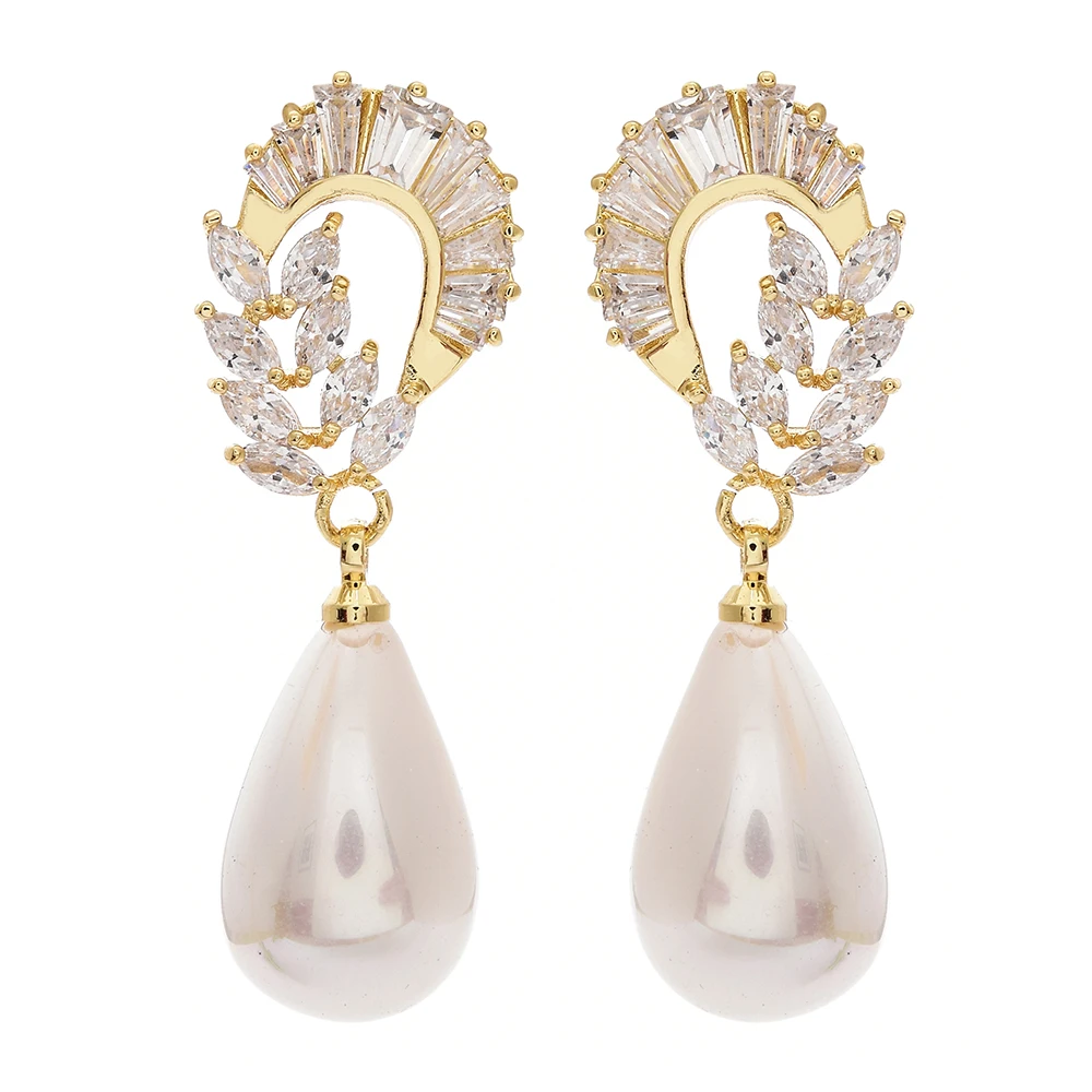

MEILIYISHI Wedding Freshwater Pearl Earring AAA Zircon Gold Color Needle Tree Leaf Earring Jewelry For Mother Women