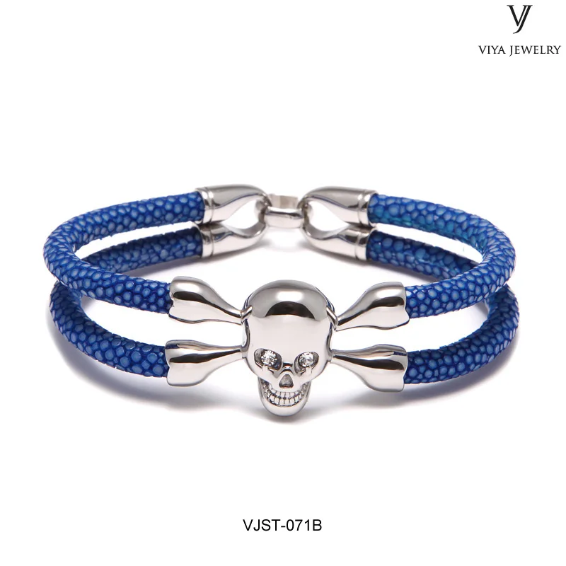 blue silver skull Роскошный мужской черный браслет с черепом, модный кожаный браслет с черепом с красными глазами, индивидуальный браслет из кожи ската - Окраска металла: blue silver skull