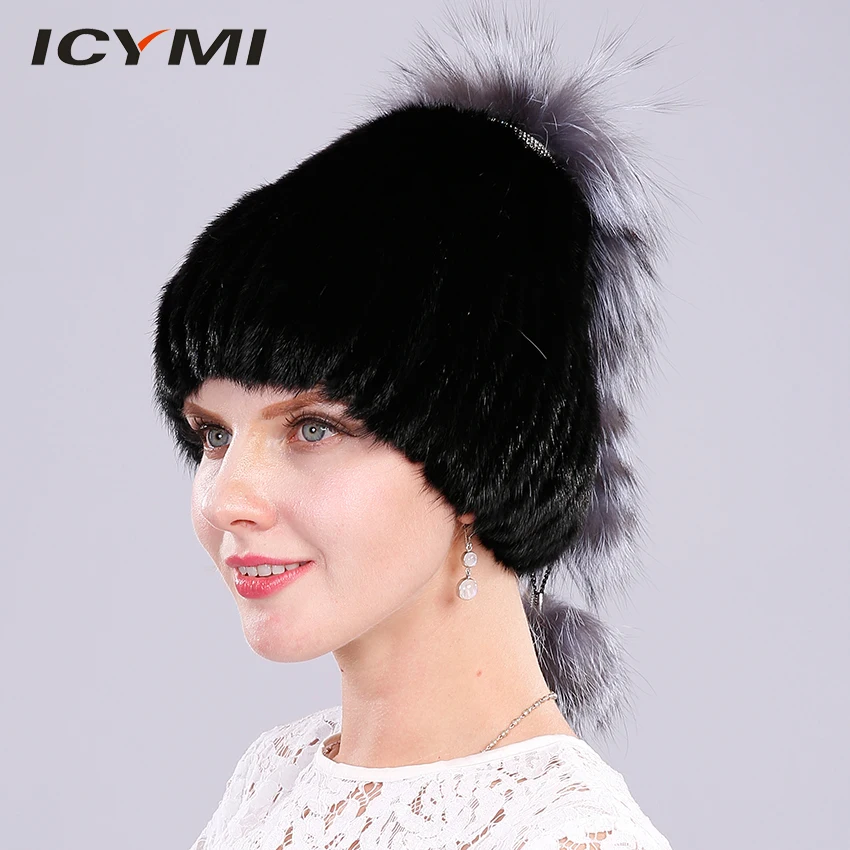 

ICYMI Mink Fur Hat with Fox Fur Tail & Fur Pompoms Rhinestone Real Fur Women's Knit Snowboard Cap Russia Warm Hat Female Winter