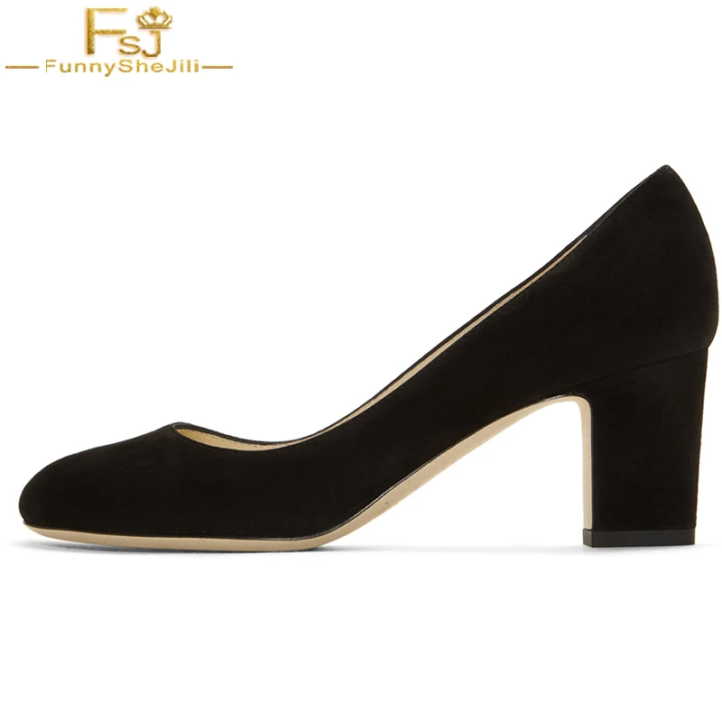 

FSJ Black Classic Womens 2022 High Chunky Heels Round Toe Pumps Ladies Slip On Basic Autumn Casual Shoes Woman Plus Size 4-16
