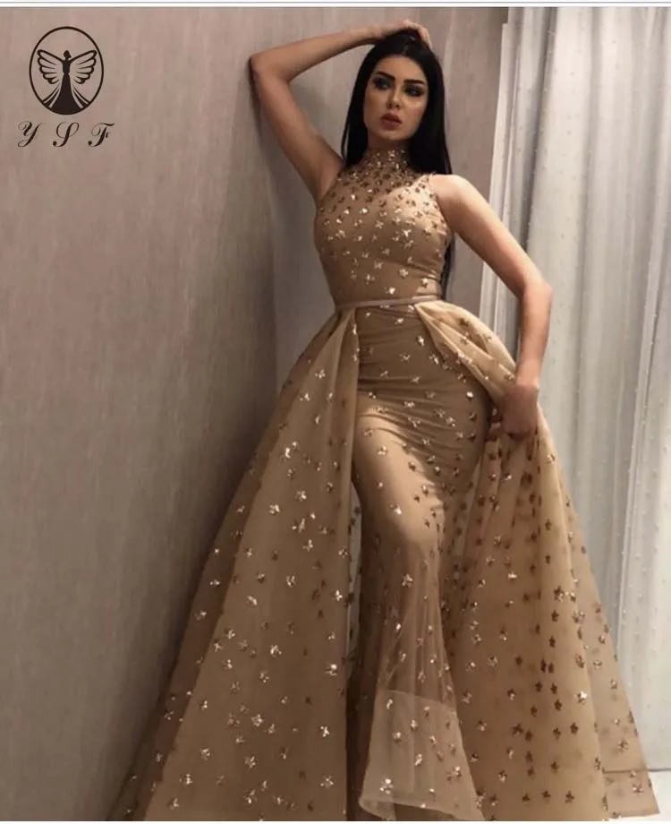 Аравийский дизайн Vestidos De Formature Золото Высокий воротник без рукавов Bling русалка Выпускные платья с верхней юбкой