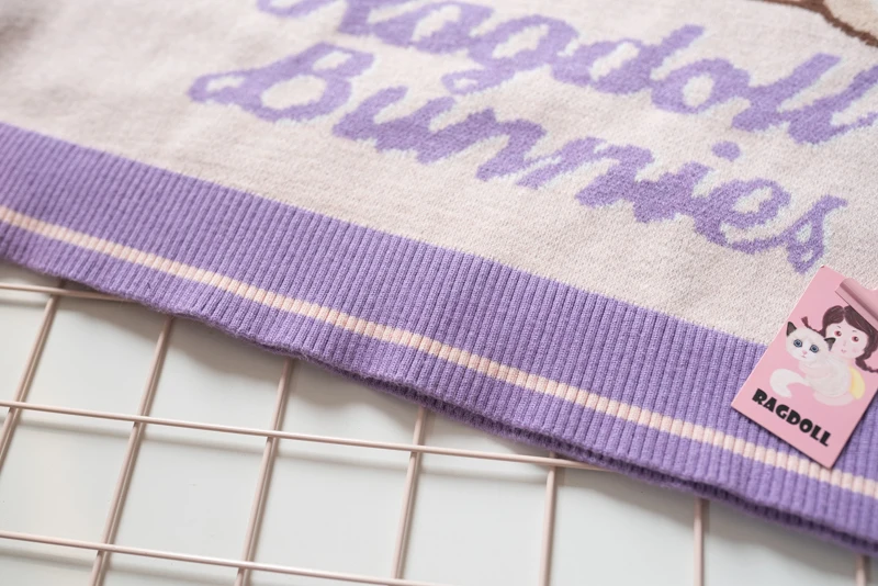 Модный осенне-зимний розовый фиолетовый мягкий свитер в клетку с кроликом для