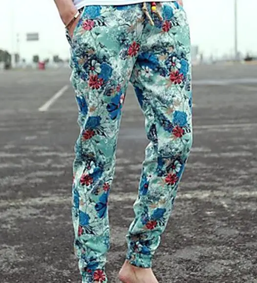 2015 new stylish men's drawstring cotton Pants Men's print full length pants beach style plus size 28-36 | Мужская одежда