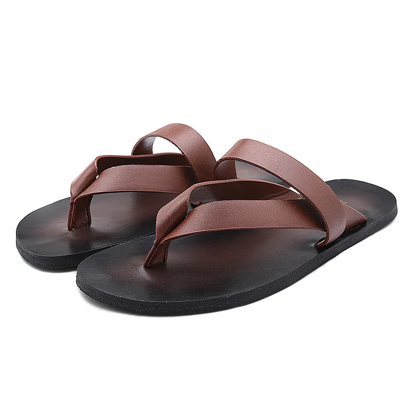 Шлепанцы мужские из натуральной кожи сланцы для пляжа плоская подошва модная