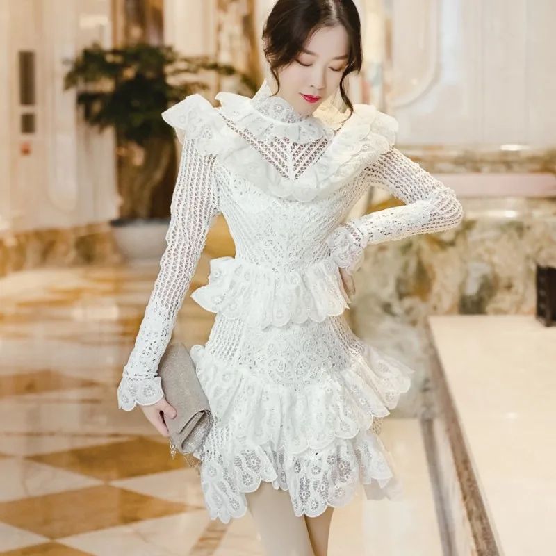 

hollow out sexy Spring stand dresses Sweet pink ruffle lace dress autumn 2019 High waist long sleeve party dress female