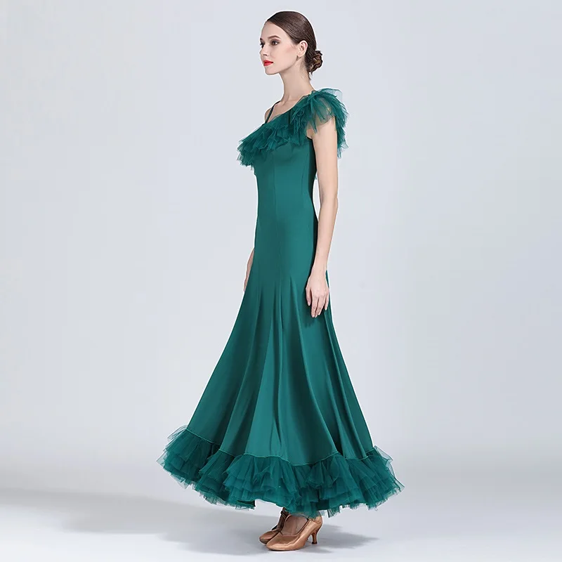 green inclined shoulder dancing clothes ballroom waltz dresses standard dress Foxtrot modern dance flamenco | Тематическая одежда