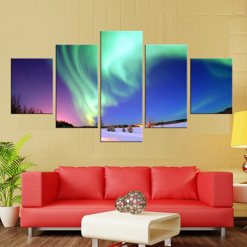 Северное освещение Холст Картина зеленая Аврора 5 шт./компл. Современная HD Печать