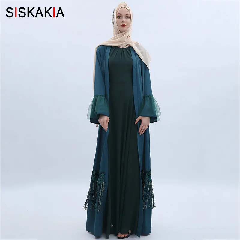 Siskakia Женская открытая абайя высокого класса Роскошные кисточкой блёстки лоскутное дизайн кардиган халаты мусульманские кафтаны Дубай с расклешенными рукавами