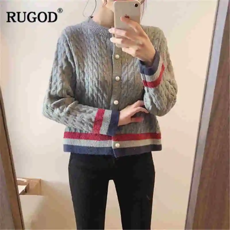 RUGOD 2018 Модный Цветной кардиган в полоску женский элегантный с жемчужинами на