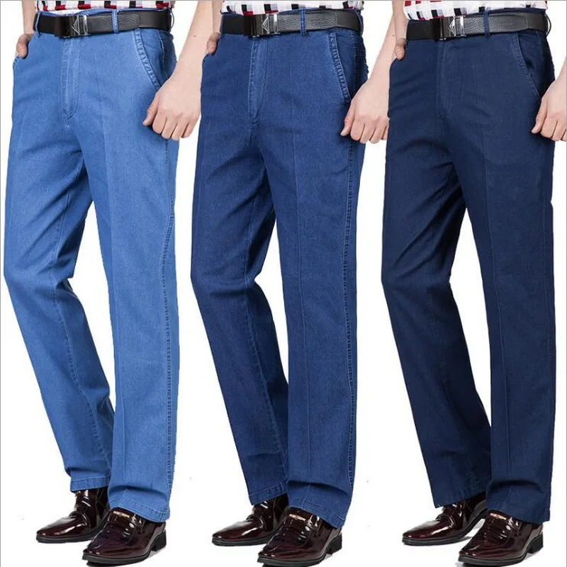 Middle-Aged Men's Fashion Jeans High Waist Loose Stretch Business Casual Denim Pants Men's Jeans Size 30-44